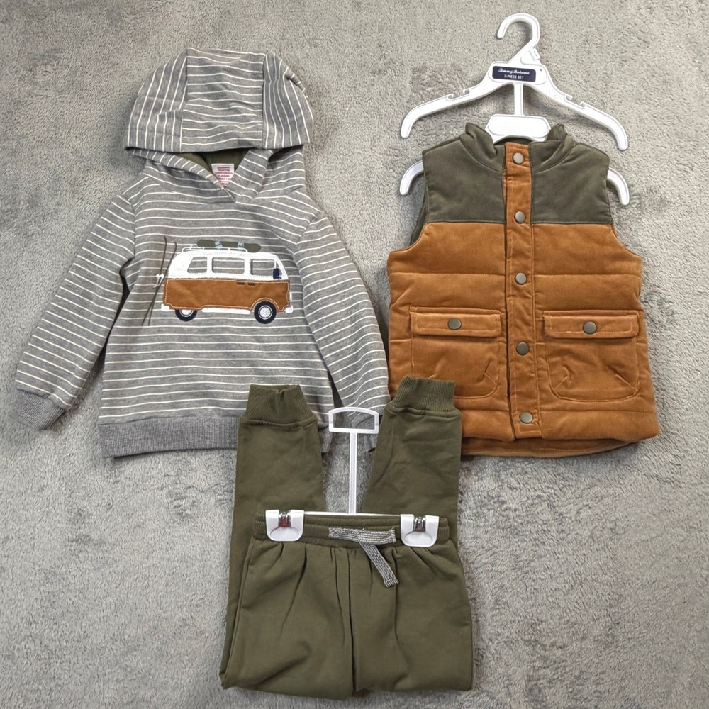NWT Tommy Bahama Kids 3 Piece Set Hoodie Vest Joggers Gray Brown Olive 2T